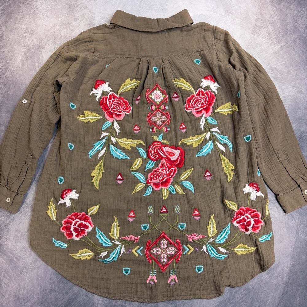 Kyla Seo Olive Green Cotton‎ Gauze Floral Embroidered Button Down Shirt Large